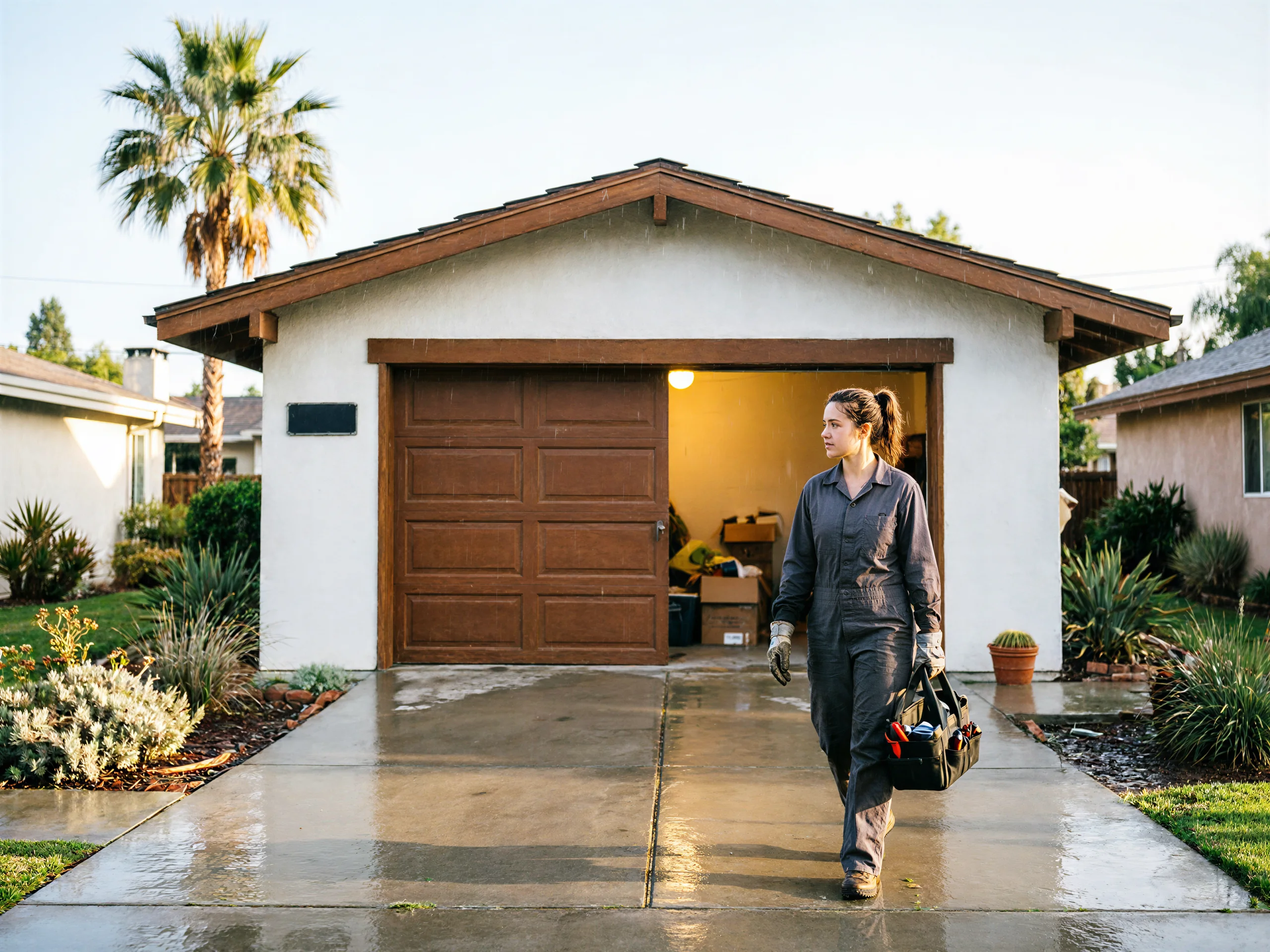 A technician in a gray jumpsuit carries a toolbox away from an open garage.