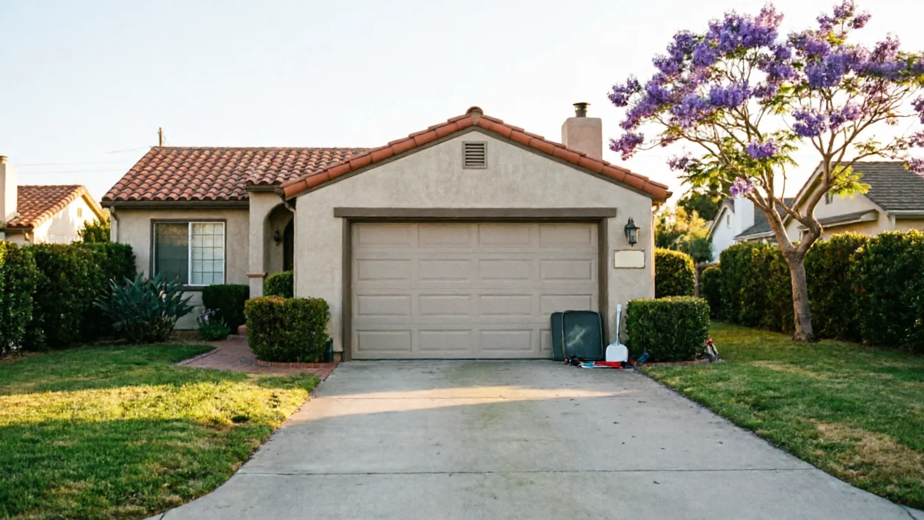 A beige house with a brown garage door and a purple flowering tree.