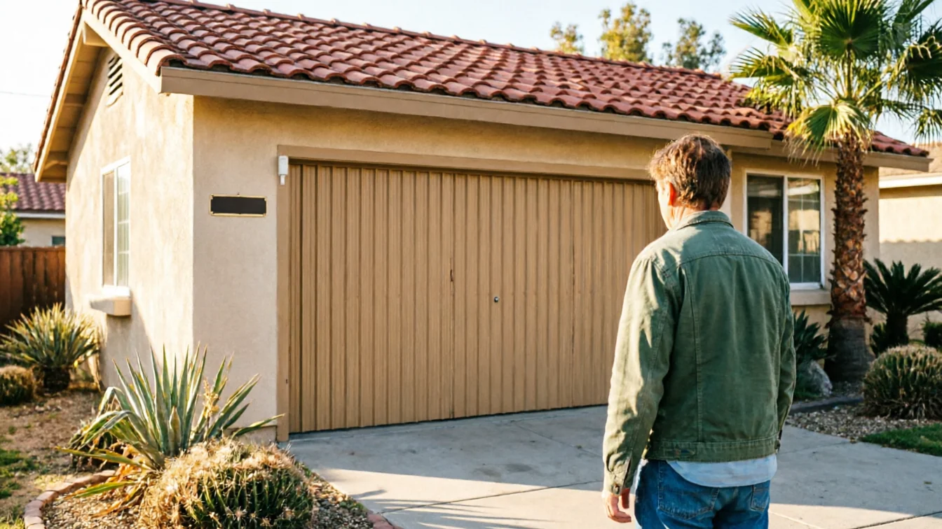A technician stands facing a tan garage door on a stucco house.