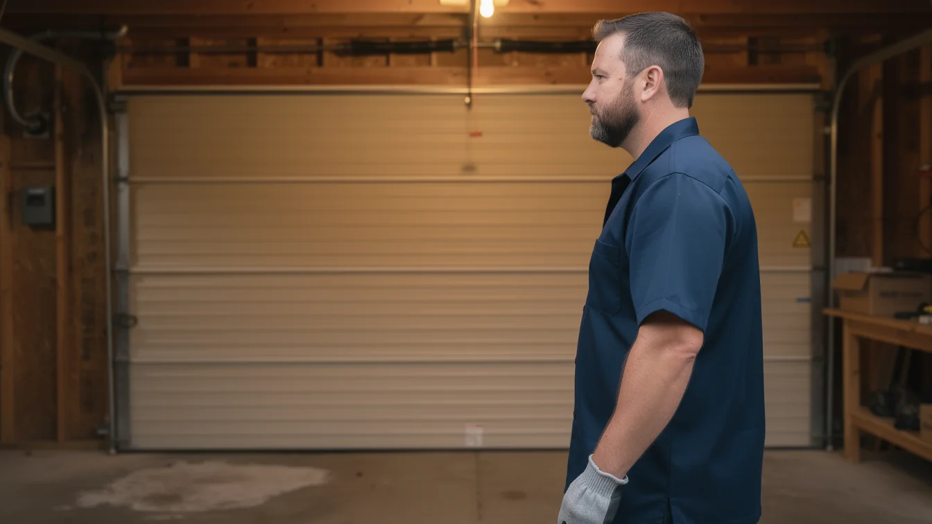 A technician in a blue shirt and gray gloves stands in front of a closed garage door.