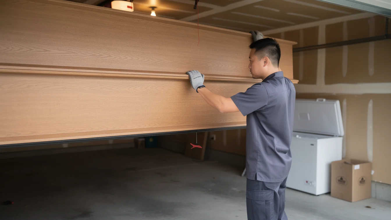 A technician in a gray uniform is installing a light brown garage door.