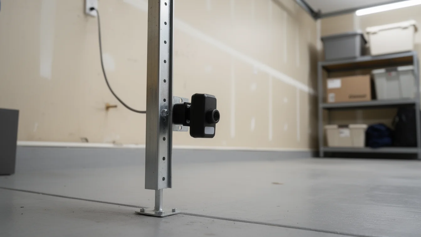 A black security camera is mounted on a metal support beam in a garage.