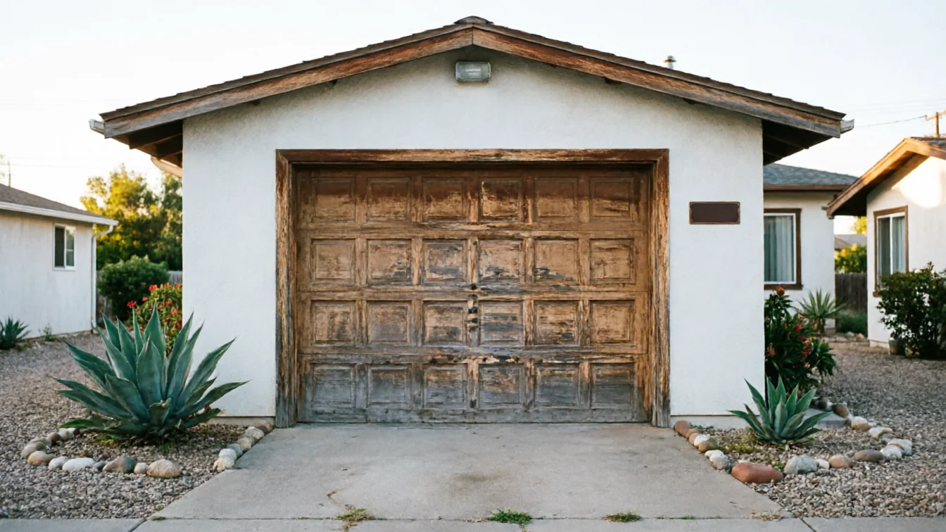 The house has a weathered wooden garage door with a white stucco exterior.
