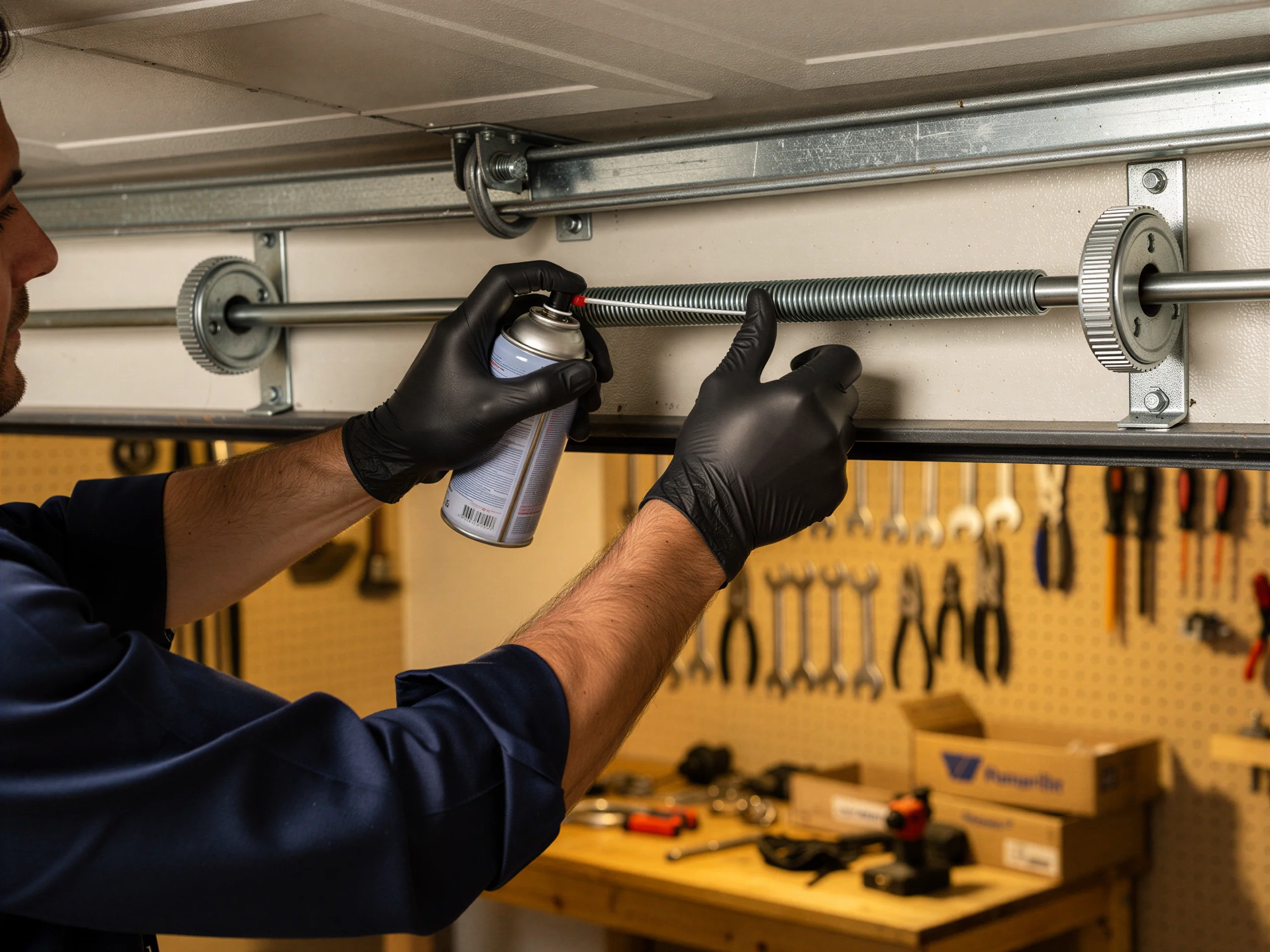 A technician in black gloves lubricates a garage door torsion spring with spray.