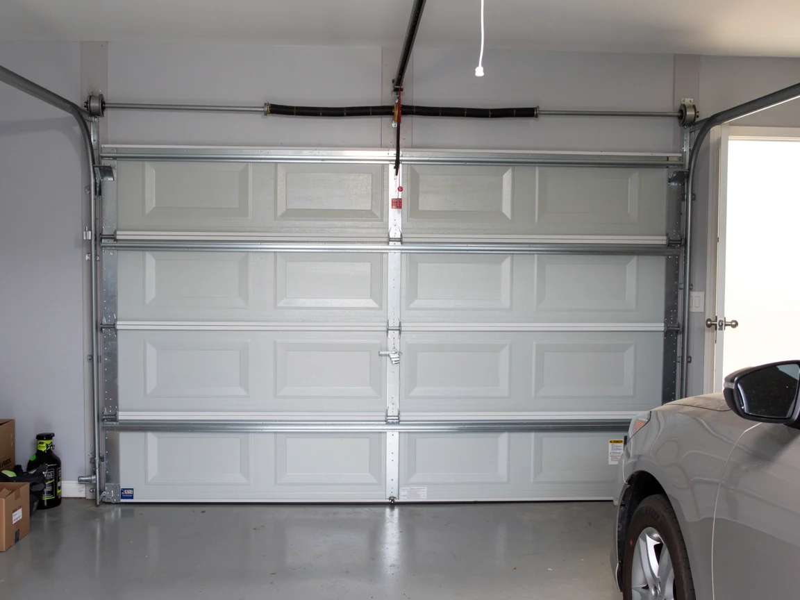 A closed white garage door with a torsion spring and a car in the foreground.