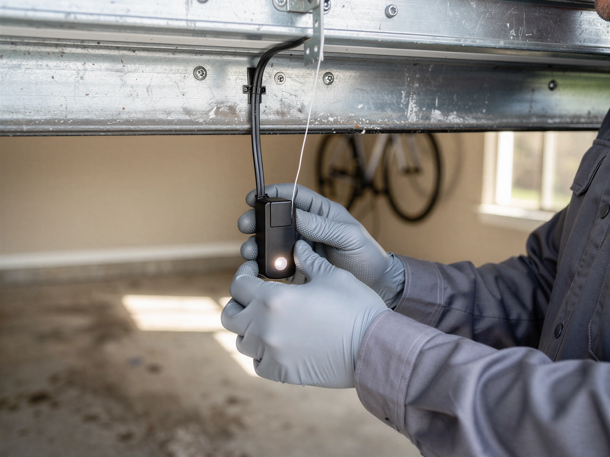 A technician in gloves holds a small black device connected to a garage door.