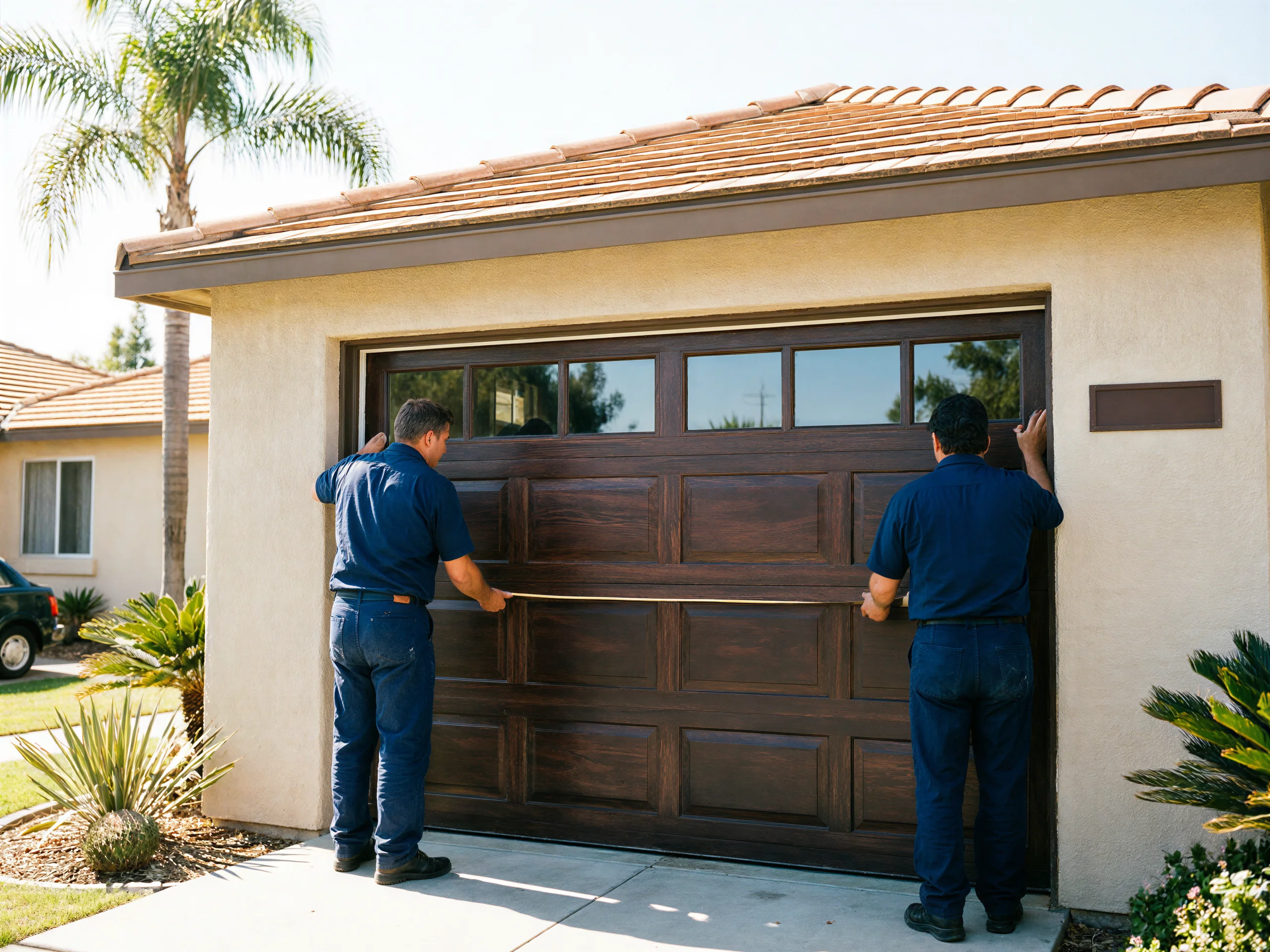 Two technicians measure a brown garage door with windows on a sunny day.