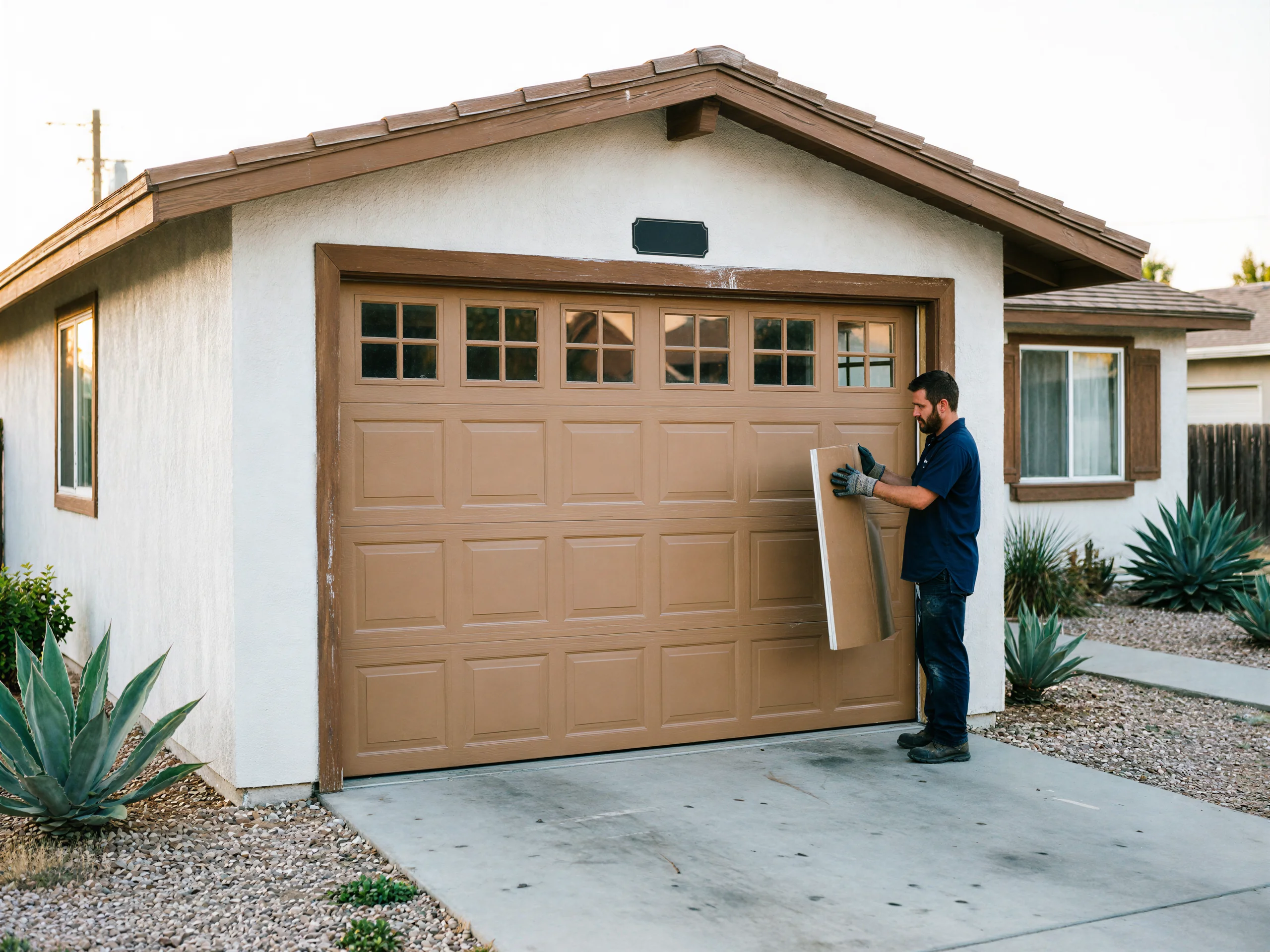 A technician holds a garage door panel in front of a brown garage door.
