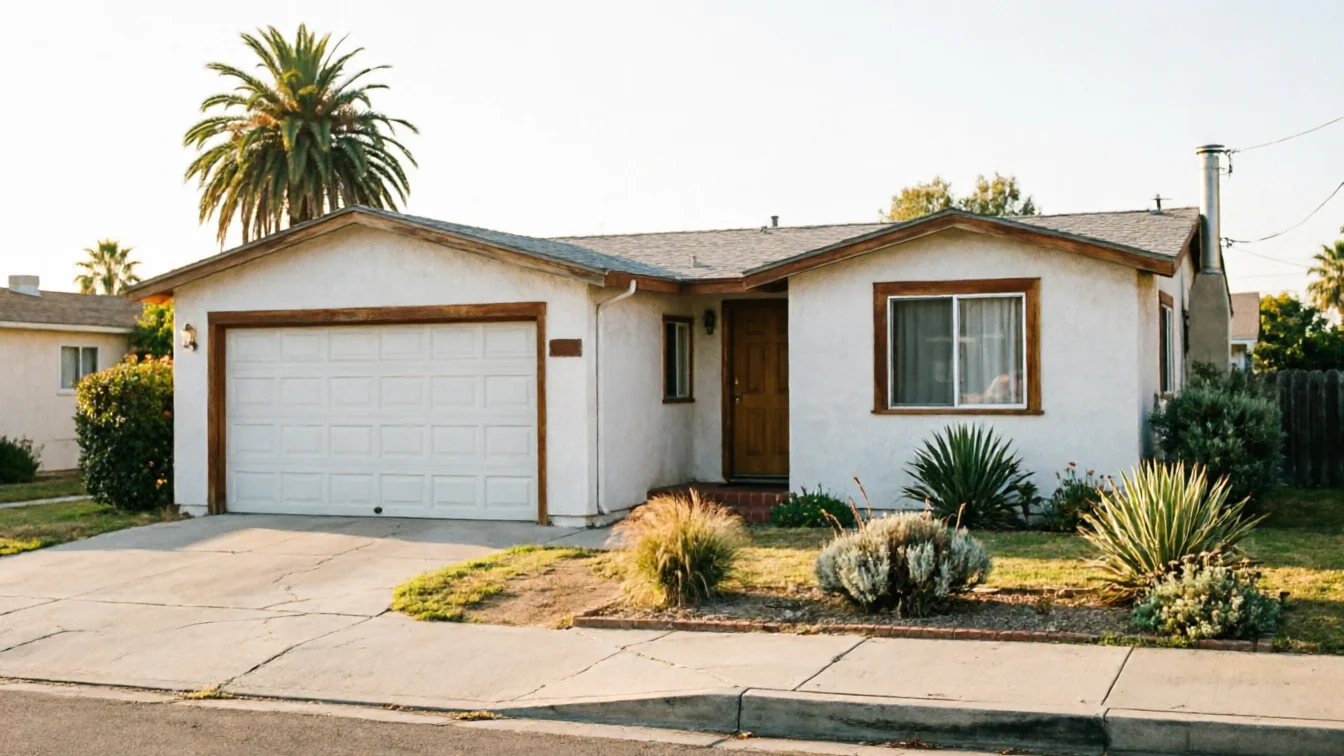 A white house with a white garage door and brown trim.