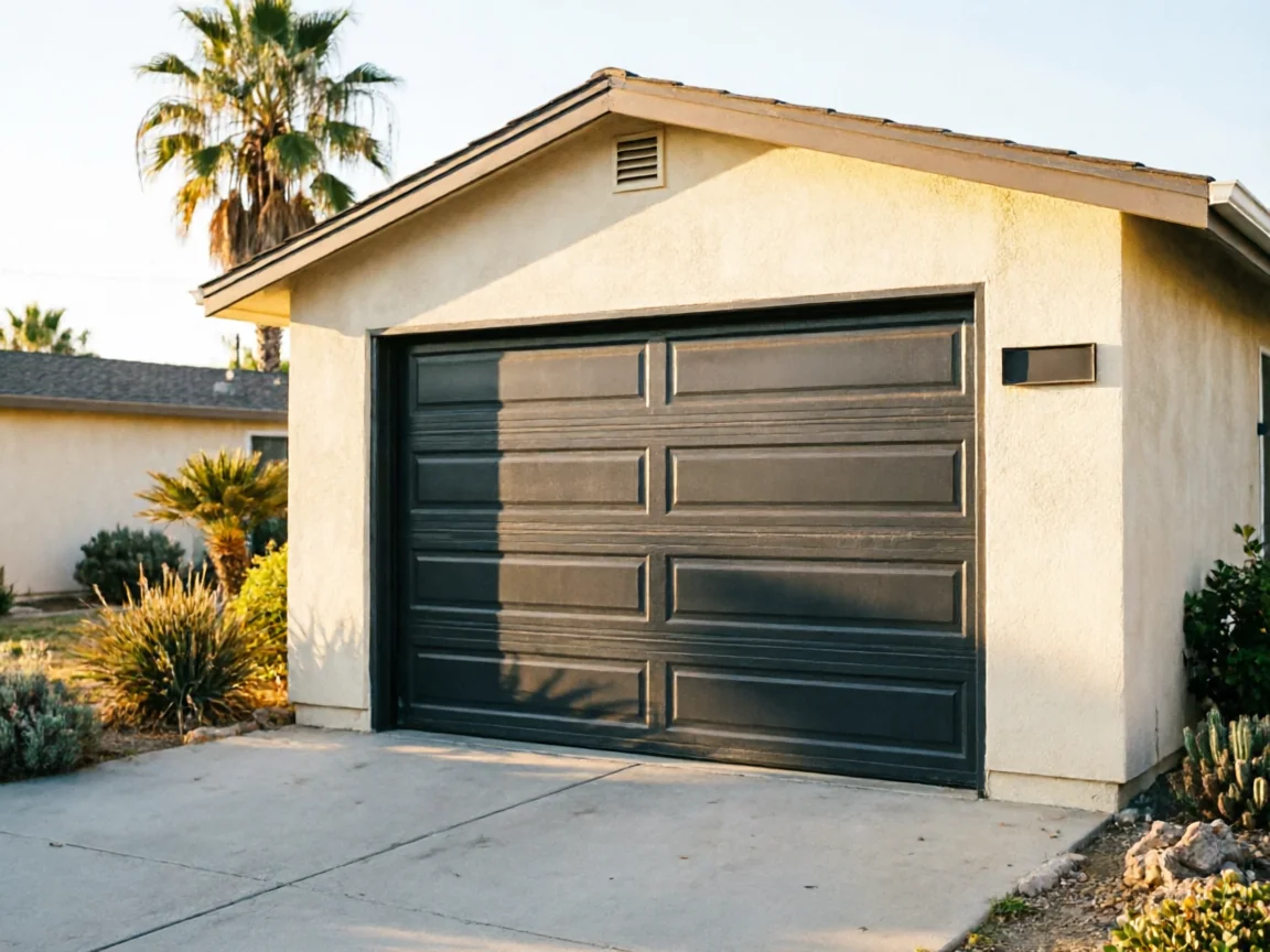 A dark gray garage door is on a light beige house with a concrete driveway.