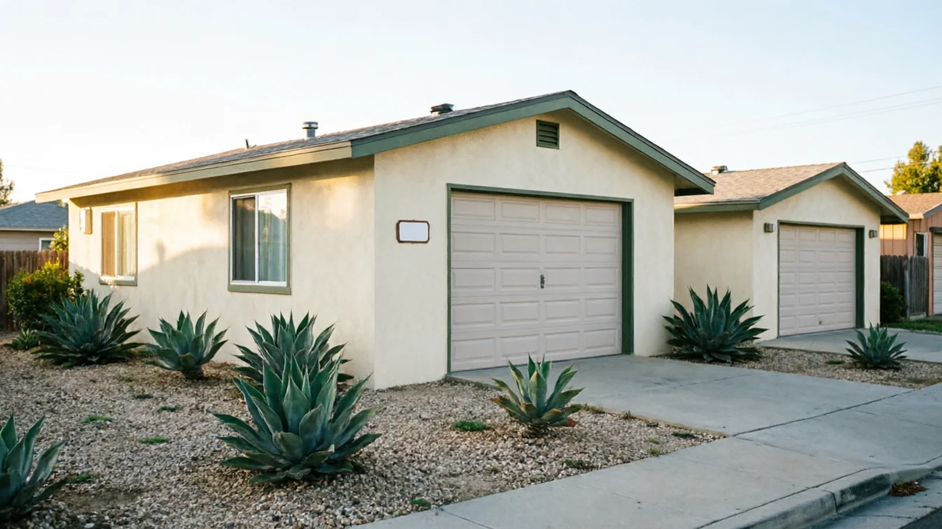 Two houses with tan garage doors and green trim are visible from the street.