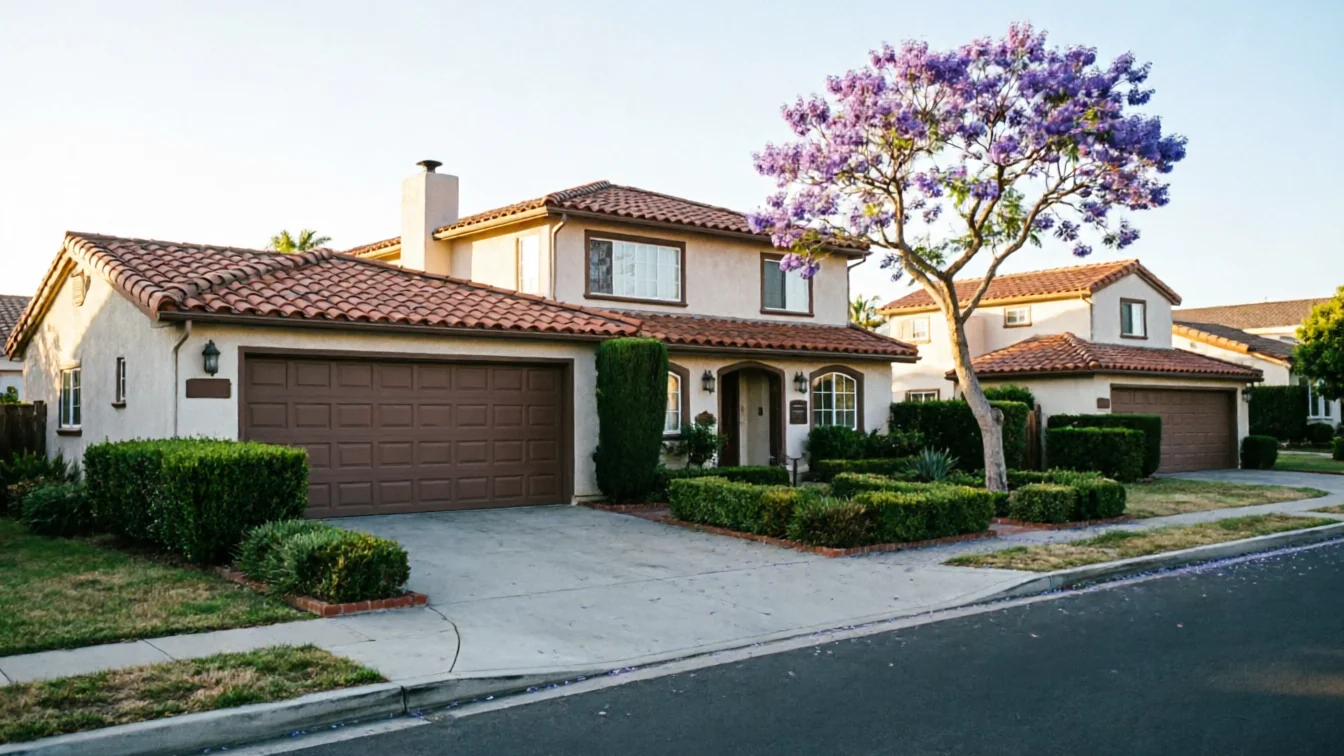 A two-story house with a brown garage door and a purple flowering tree.