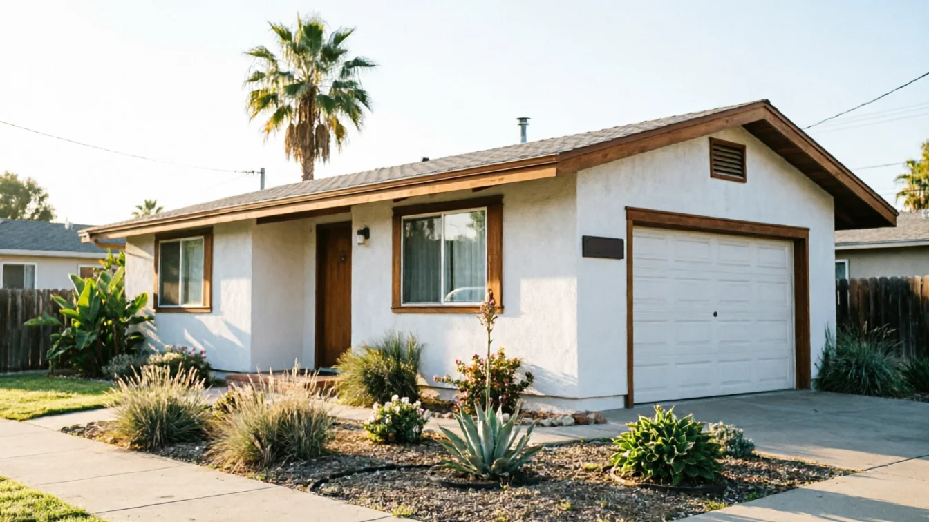 The house has a white garage door with brown trim and a palm tree behind it.